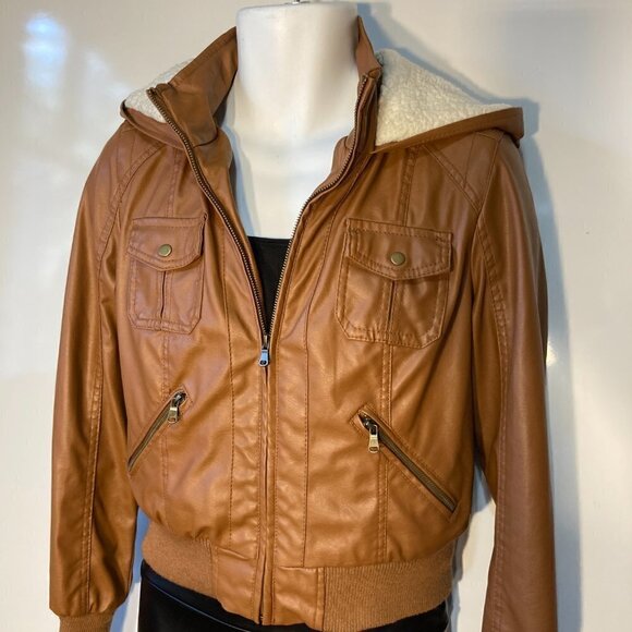 New Look SZL Brown Faux Leather Bomber Jacket Wardrobe Staple Moto Aviator Retro - Picture 2 of 11